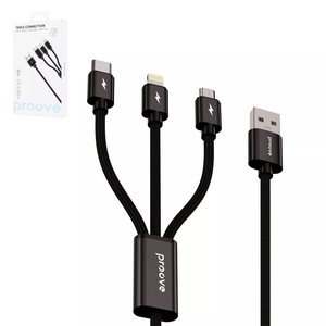 Cable USB Proove Triple Connection, USB tipo A, USB tipo C, micro USB tipo B, Lightning, 130 mm, 2 A, negro, con revestimiento de nylon, 3 en 1, #CCTC15001501
