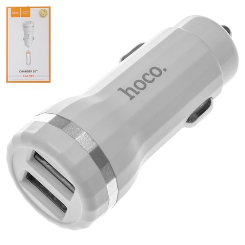 Автомобільний зарядний пристрій Hoco Z27, 2 USB виходи 5В 2,4А , біле, з micro USB кабелем тип В