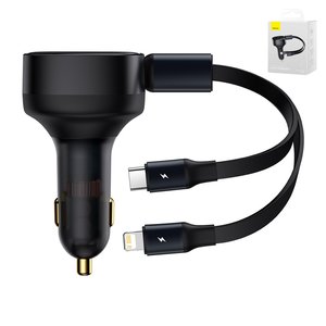 Автомобильное зарядное устройство Baseus Enjoyment Retractable 2 in 1, черное, Quick Charge, c кабелем, 30 Вт, 12 24 B, #CGTX000001