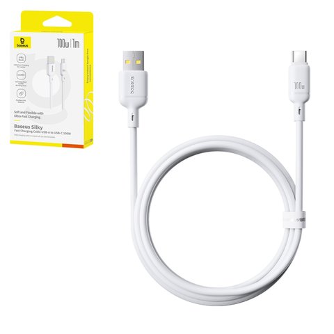 USB кабель Baseus Silky, USB тип C, USB тип A, 100 см, 100 Вт, білий, силіконовий, #P10377703213 00